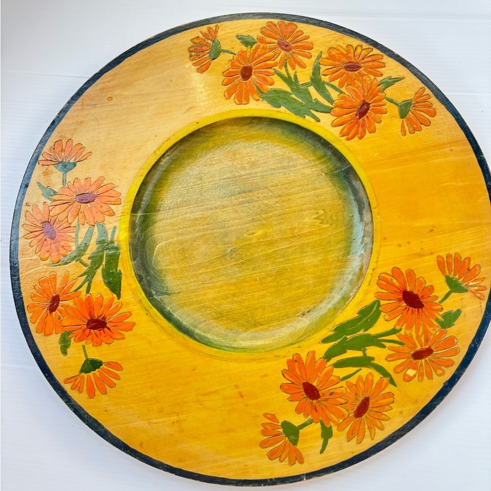 Vintage Wood Tray Floral Hand Painted 70s